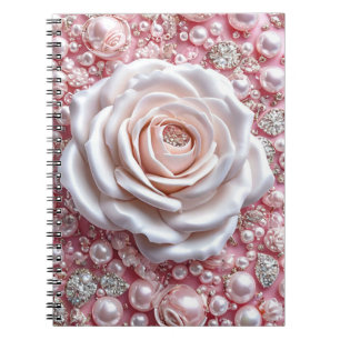 Elegante Witte Roos en Glanzende Roze Parels Notitieboek