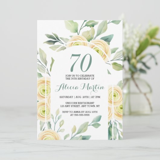 Elegante witte roos Flora groen 70e verjaardag Kaart (Staand voorkant)