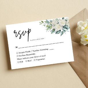 Elegante witte roos groen bloemstuk bruiloft RSVP kaartje