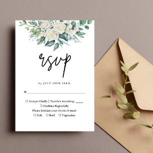 Elegante Witte Roos Groene Bloemstuk Bruiloft RSVP Kaartje