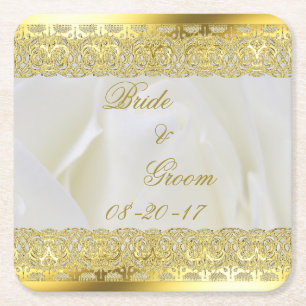 Elegante witte roos met gouden kant vierkante kartonnen onderzetter