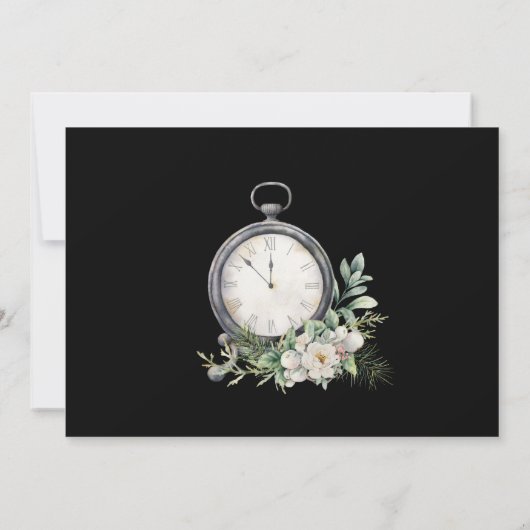 Elegante witte roos op zwarte  klok bruiloft save the date (Achterkant)