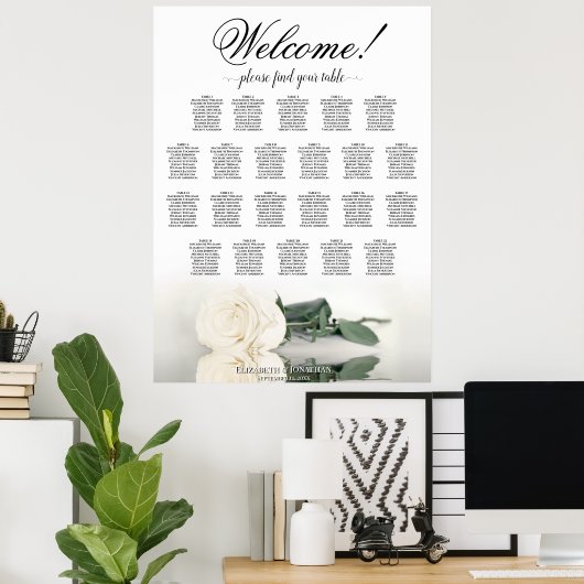 Elegante witte Rose 22 tafel bruiloft zitgrafiek Poster (Thuiskantoor)