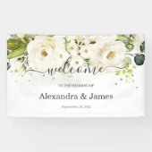 Elegante Witte Rose & Goud Bloemen Moderne Bruilof Spandoek (Horizontaal)