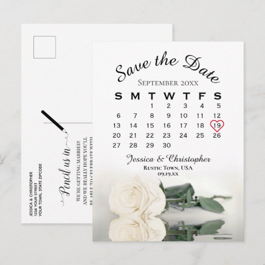 Elegante Witte Rose Trouwkalender Save the Date Aankondigingskaart (Voorkant / Achterkant)