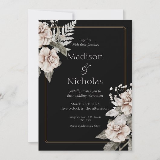Elegante Witte Rose Zwart Bruiloft uitnodiging (Voorkant)