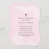 Elegante Witte Roze Kant doop uitnodiging (Voorkant / Achterkant)