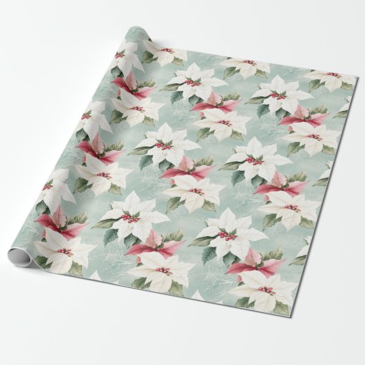 Elegante witte roze kerstpuntjes cadeaupapier (Uitgerold)