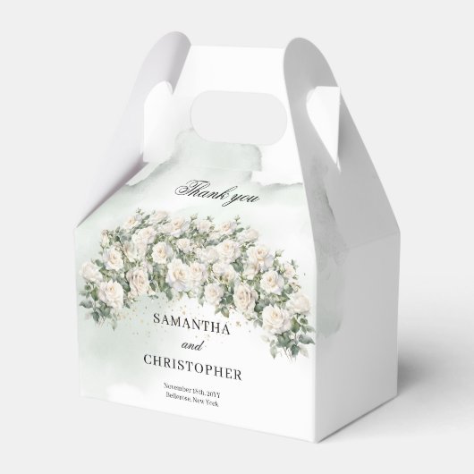 Elegante witte rozen bloementuin groen bruiloft bedankdoosjes (Voorkant Zijde)