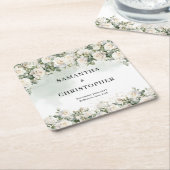 Elegante witte rozen bloementuin groen bruiloft vierkante kartonnen onderzetter (Schuin)