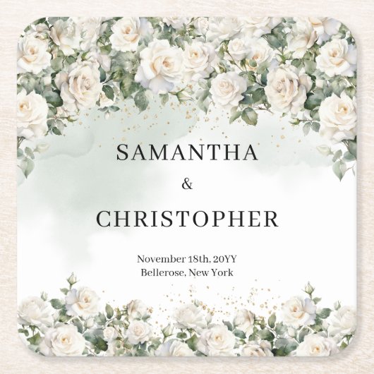 Elegante witte rozen bloementuin groen bruiloft vierkante kartonnen onderzetter (Voorkant)