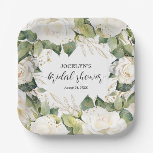 Elegante Witte Rozen Bruilofts Bruidsshowersplein Papieren Bordje