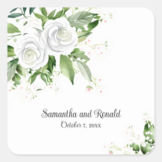 Elegante witte rozen en baby's adem bruiloft vierkante sticker (Voorkant)