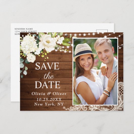 Elegante witte rozen en kanten rustieke Save the D Briefkaart (Voorkant / Achterkant)