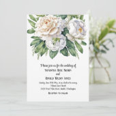 Elegante witte rozen en pioenen bruiloft kaart (Staand voorkant)