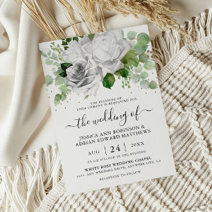 Elegante witte rozen & Eucalyptus groen Huwelijk Kaart