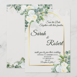 Elegante witte rozen groen bruiloft uitnodiging