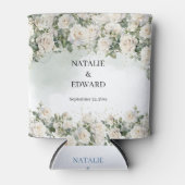 Elegante witte rozen groen en gouden bruiloft blikjeskoeler (Voorkant)