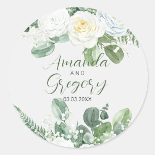 Elegante witte rozen & groen ronde sticker