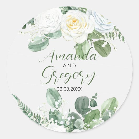 Elegante witte rozen & groen ronde sticker (Voorkant)