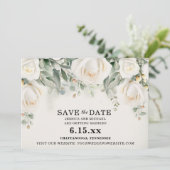 Elegante witte rozen groen wedding save the date (Staand voorkant)