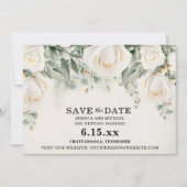 Elegante witte rozen groene bloemen bruiloft save the date (Voorkant)