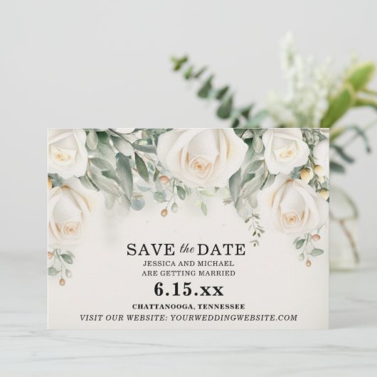 Elegante witte rozen groene bloemen bruiloft save the date (Staand voorkant)