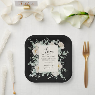 Elegante witte rozen op zwart bruiloft bijbel vers papieren bordje