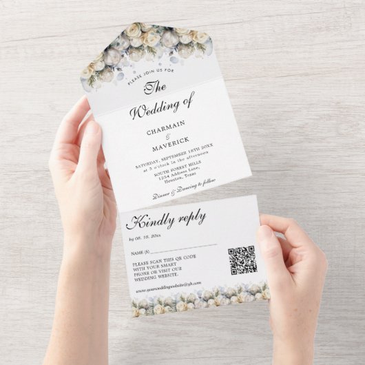 Elegante Witte Rozen RSVP QR Code Bruiloft All In One Uitnodiging (Afscheurbaar)