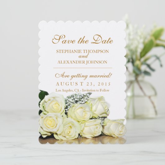 Elegante witte rozen trouwkaart 'Save the Date' Kaart (Staand voorkant)