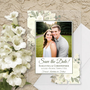 Elegante witte rozen trouwkaart 'Save the Date' me Acryl Uitnodigingen
