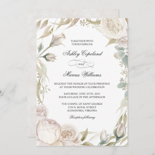 Elegante witte rozen Waterverf bruiloft uitnodigin Kaart (Voorkant / Achterkant)