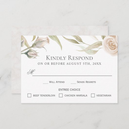 Elegante witte rozen Waterverf RSVP met Entree (Voorkant / Achterkant)