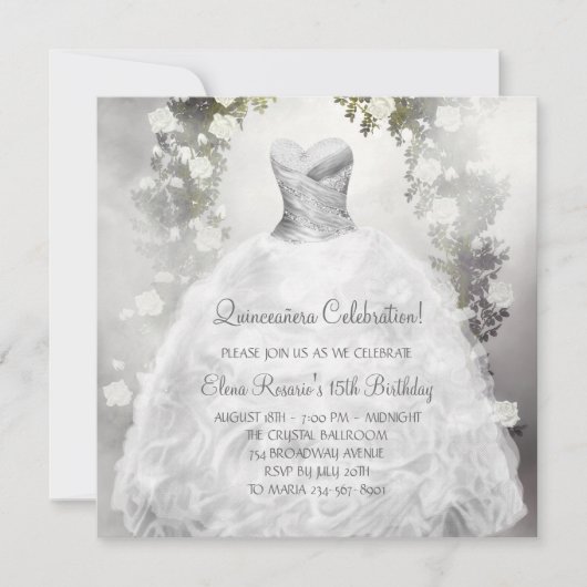 Elegante Witte Rozen Witte Quinceanera Uitnodiging (Voorkant)