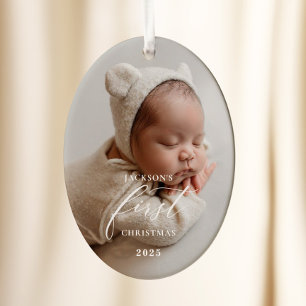 Elegante witte script baby's eerste kerst foto keramisch ornament