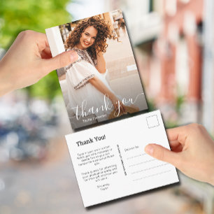 Elegante witte script bedankt foto afstuderen briefkaart