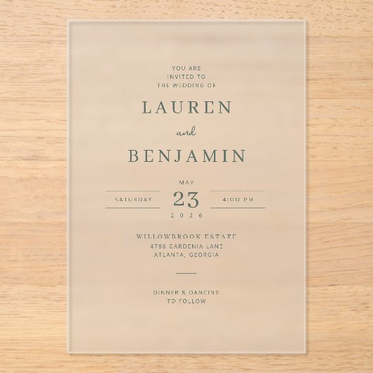 Elegante witte serif trouwuitnodiging acryl uitnodigingen (Voorkant)