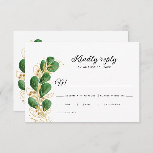 Elegante witte smaragdgroene eucalyptus bruiloft RSVP kaartje (Voorkant / Achterkant)