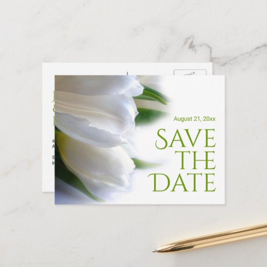 Elegante witte tulpen Bewaar de datum Aankondigingskaart (Voorkant / Achterkant in situ)