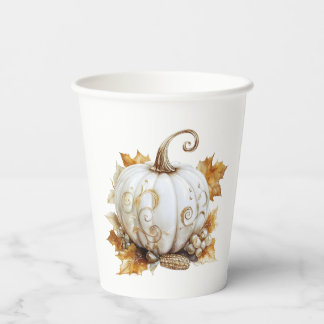 Elegante witte vintage pompoen & oogstthee in herf papieren bekers