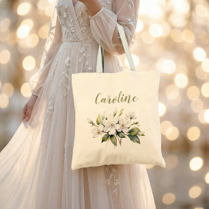 Elegante witte waterverf appelbloesem naam tote bag