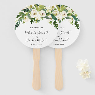 Elegante witte waterverf bloemige groene bruiloft handwaaier