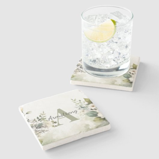 Elegante witte Wildbloemen & groen Monogram Stenen Onderzetter (Zijkant)