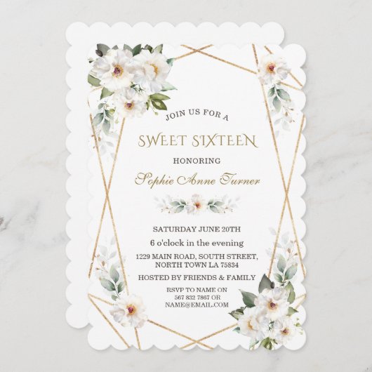 Elegante Witte Wilde Rozen Gouden Sweet Sixteen Kaart (Voorkant / Achterkant)