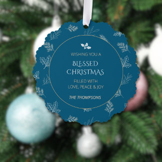 Elegante Witte Winter Bladeren Mistletoe Blauw Ornament Kaart