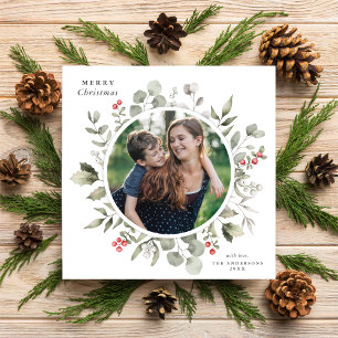 Elegante witte winter groen krans fotoplein feestdagenkaart