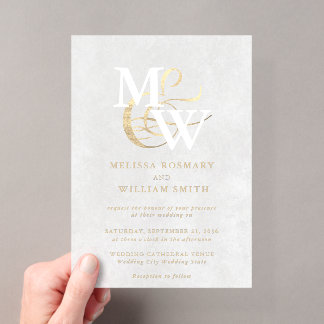 Elegante witte zeeglas monogram gouden trouw acryl uitnodigingen