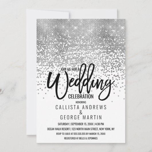 Elegante witte zilveren glitter Confetti bruiloft Kaart (Voorkant)