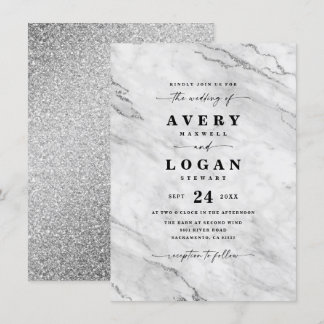 Elegante witte & zilveren marmeren & glitter bruil kaart
