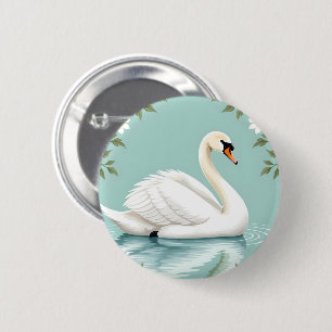 Elegante witte zwaan bloem blauw ronde button 5,7 cm